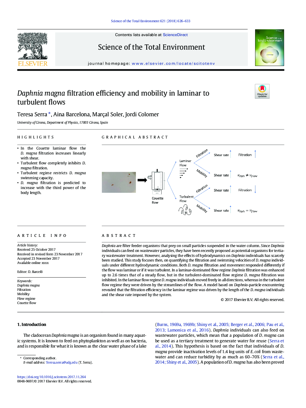 Daphnia magna filtration efficiency and mobility in laminar to turbulent flows