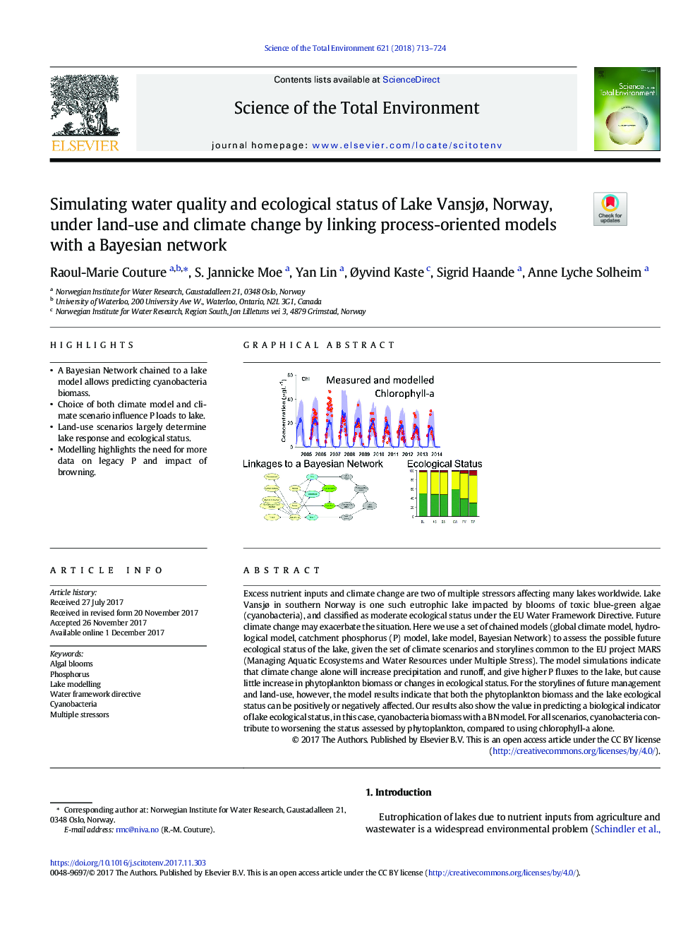 Simulating water quality and ecological status of Lake VansjÃ¸, Norway, under land-use and climate change by linking process-oriented models with a Bayesian network