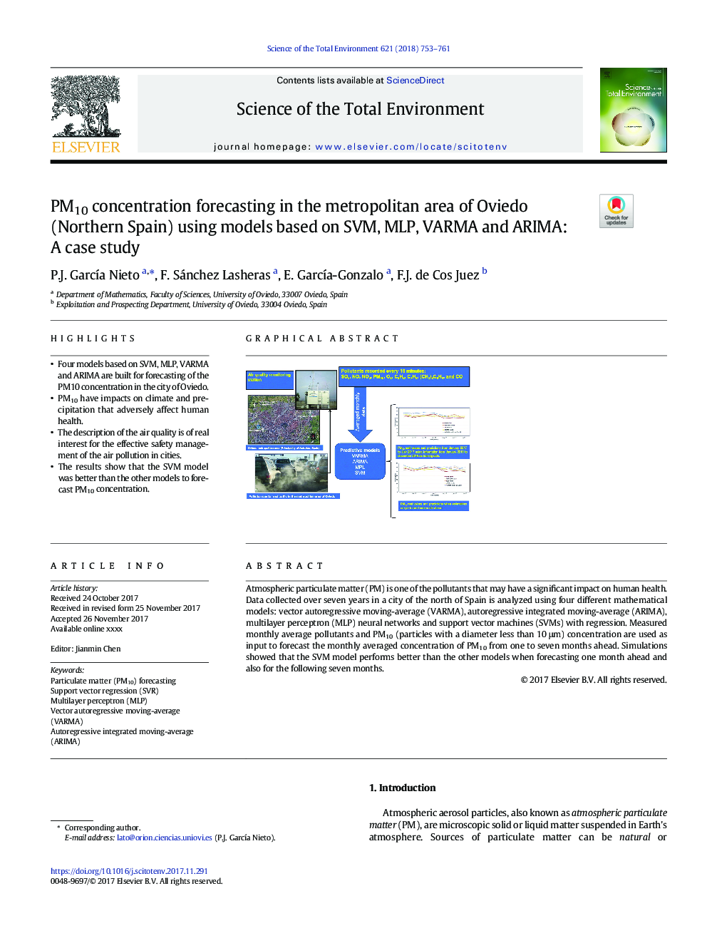 PM10 concentration forecasting in the metropolitan area of Oviedo (Northern Spain) using models based on SVM, MLP, VARMA and ARIMA: A case study