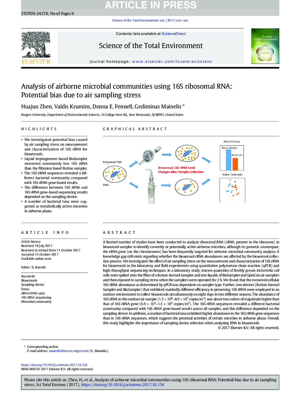 Analysis of airborne microbial communities using 16S ribosomal RNA: Potential bias due to air sampling stress