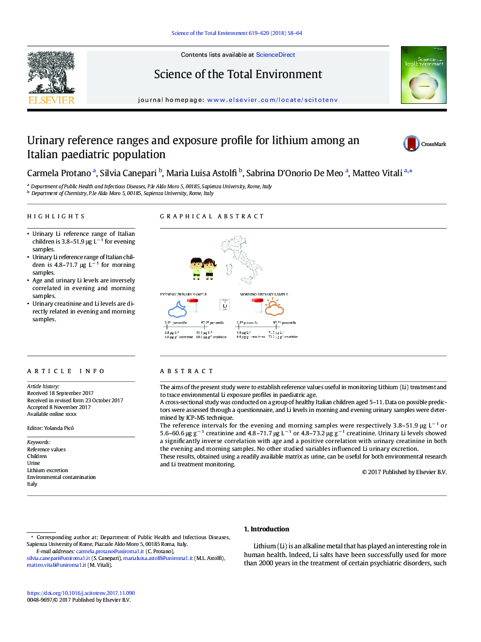 Urinary reference ranges and exposure profile for lithium among an Italian paediatric population