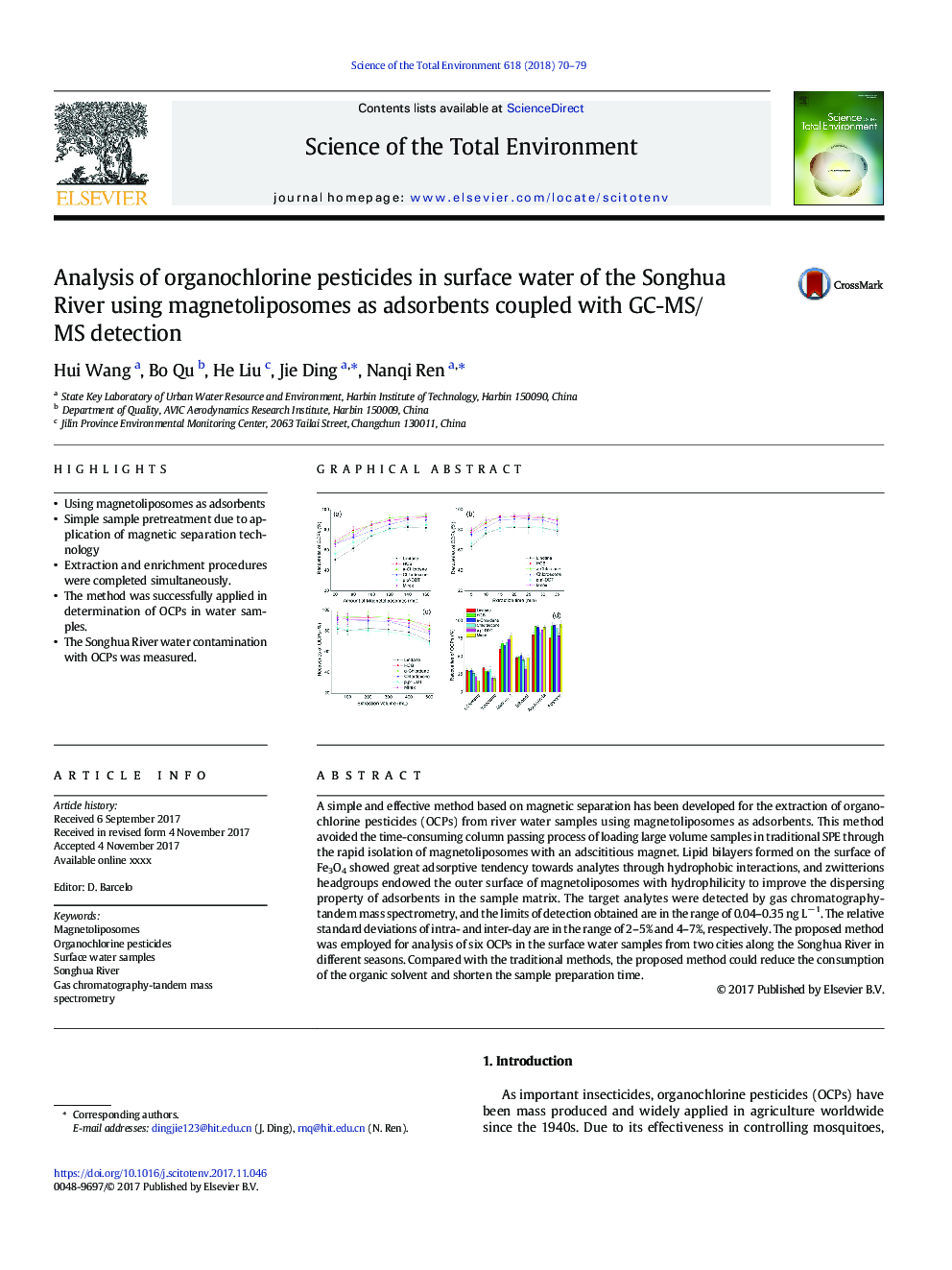 Analysis of organochlorine pesticides in surface water of the Songhua River using magnetoliposomes as adsorbents coupled with GC-MS/MS detection