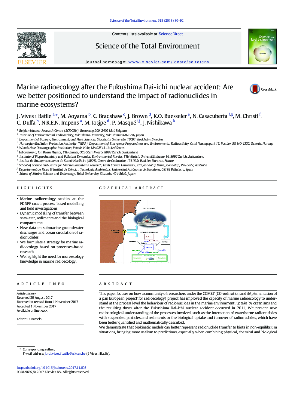 عکس صفحه اول مقاله: Marine radioecology after the Fukushima Dai-ichi nuclear accident: Are we better positioned to understand the impact of radionuclides in marine ecosystems? Marine radioecology after the Fukushima Dai-ichi nuclear accident: Are we better positioned to understand the impact of radionuclides in marine ecosystems?