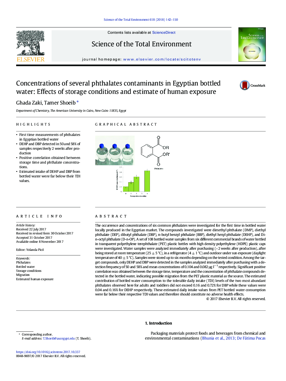 Concentrations of several phthalates contaminants in Egyptian bottled water: Effects of storage conditions and estimate of human exposure