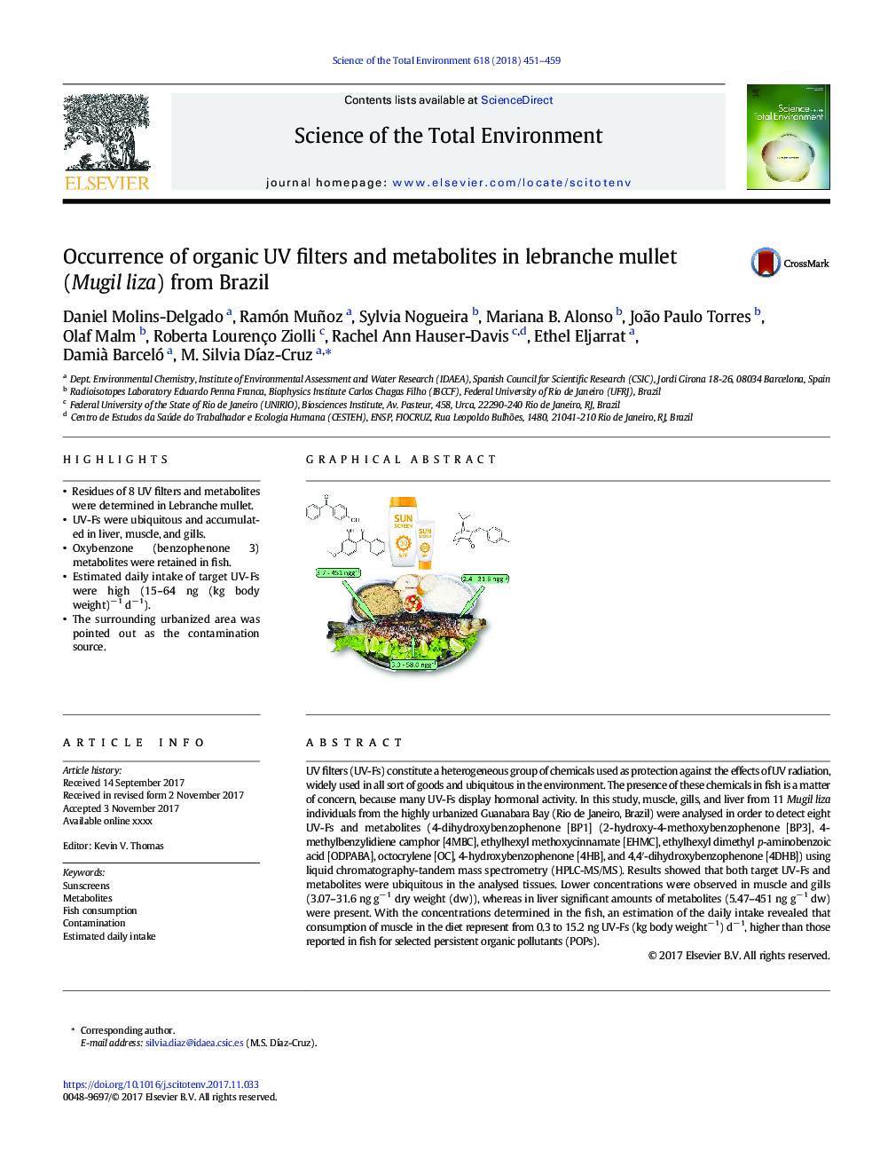 Occurrence of organic UV filters and metabolites in lebranche mullet (Mugil liza) from Brazil