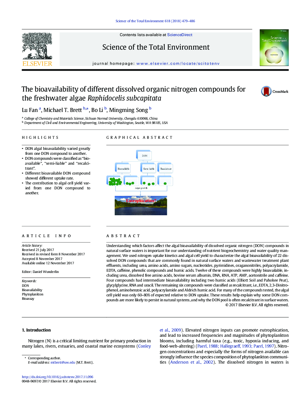 The bioavailability of different dissolved organic nitrogen compounds for the freshwater algae Raphidocelis subcapitata