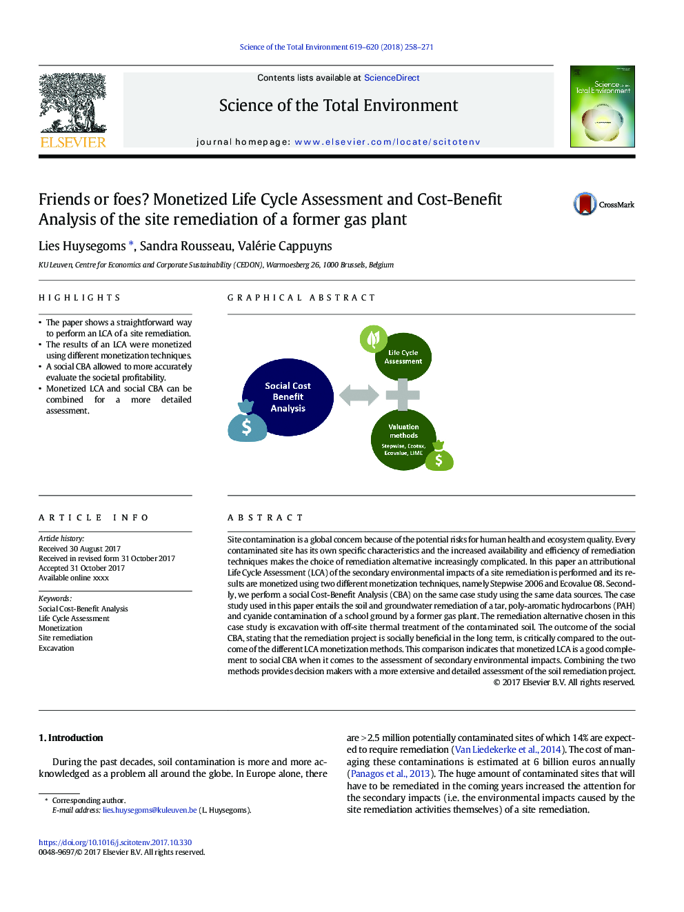 Friends or foes? Monetized Life Cycle Assessment and Cost-Benefit Analysis of the site remediation of a former gas plant