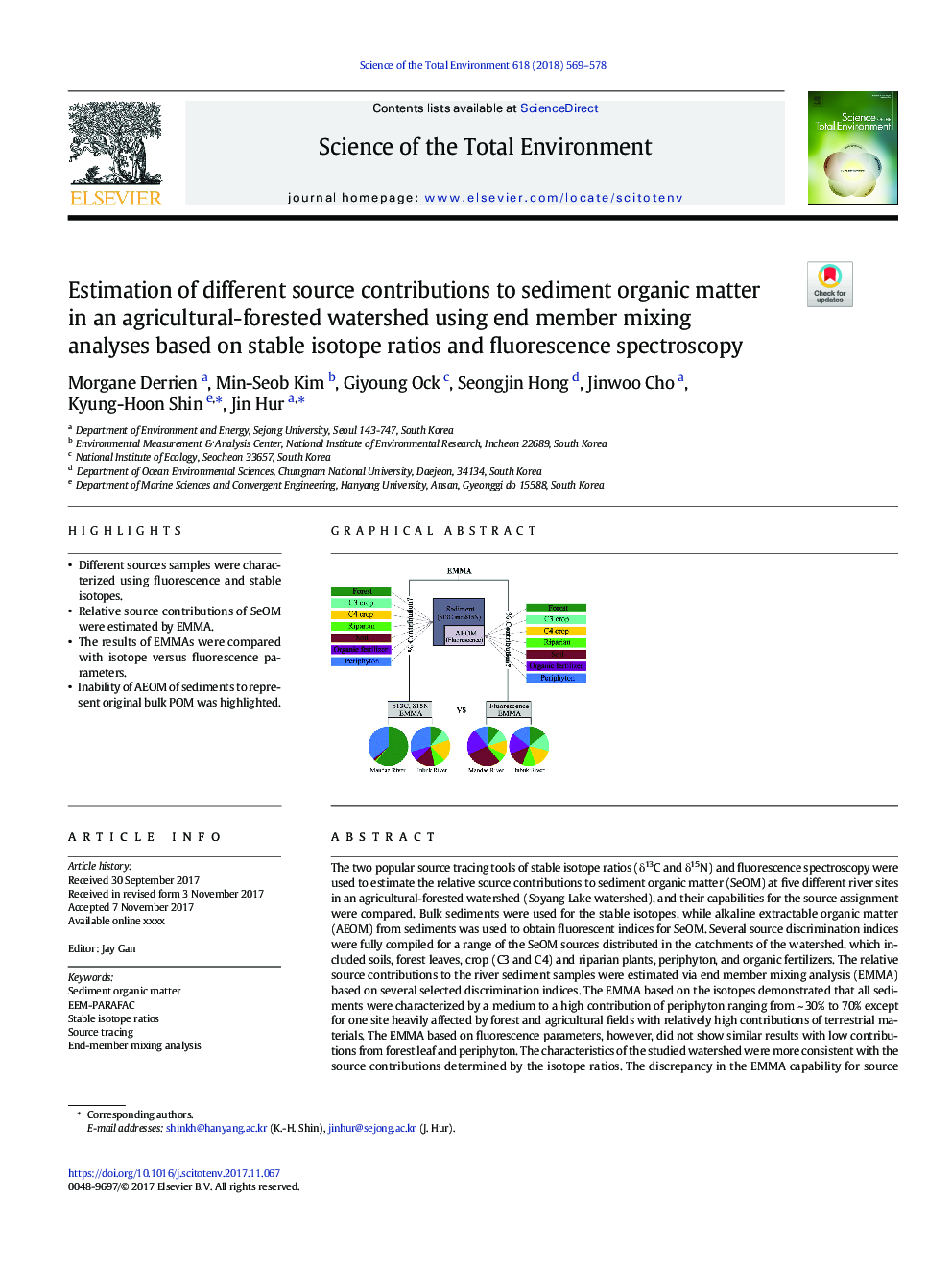 Estimation of different source contributions to sediment organic matter in an agricultural-forested watershed using end member mixing analyses based on stable isotope ratios and fluorescence spectroscopy