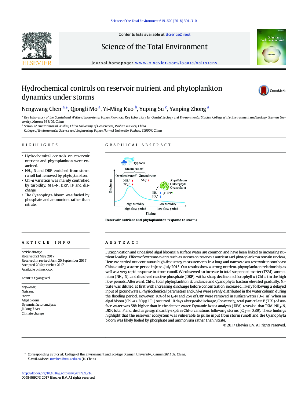 Hydrochemical controls on reservoir nutrient and phytoplankton dynamics under storms