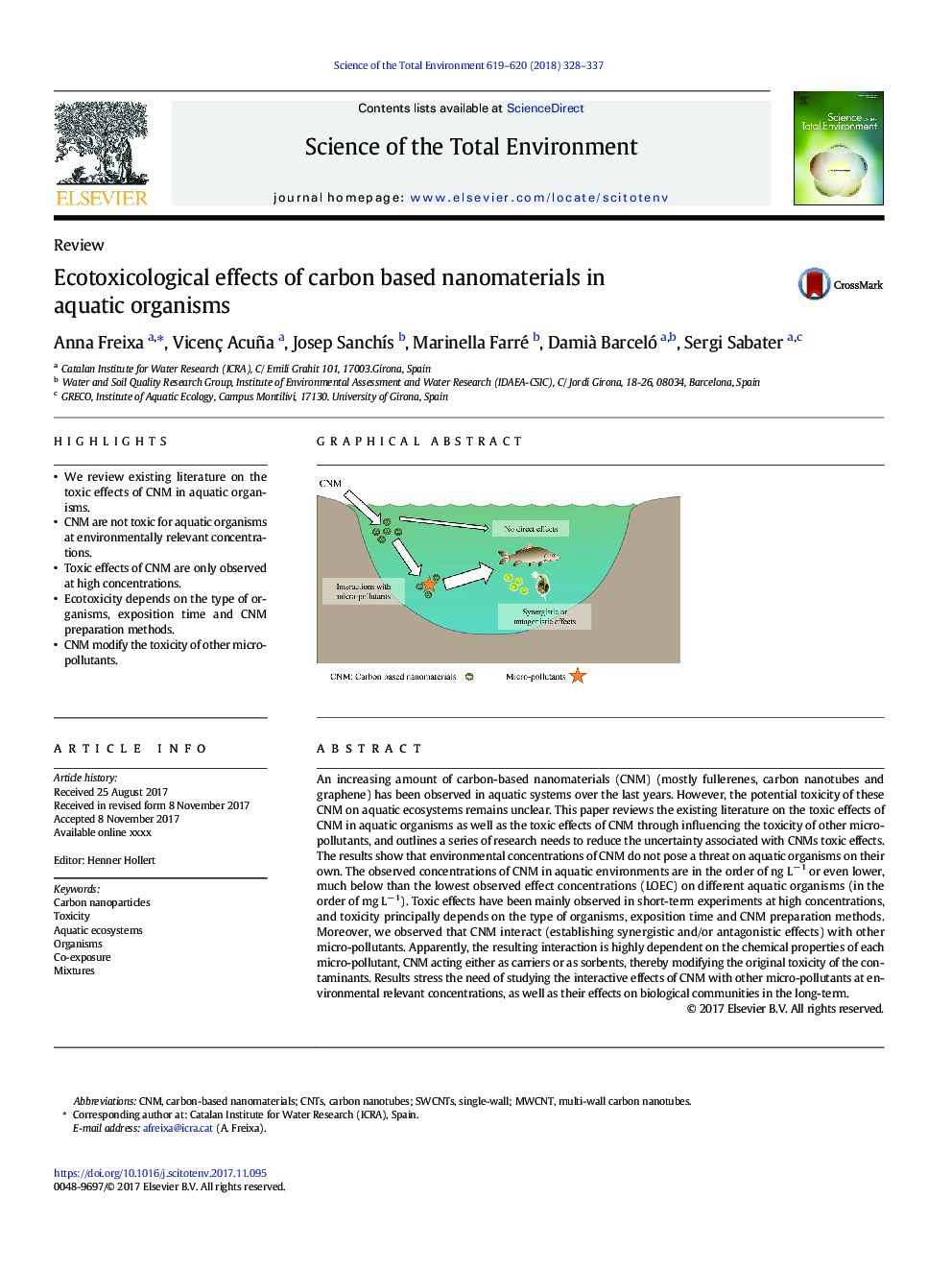 Ecotoxicological effects of carbon based nanomaterials in aquatic organisms