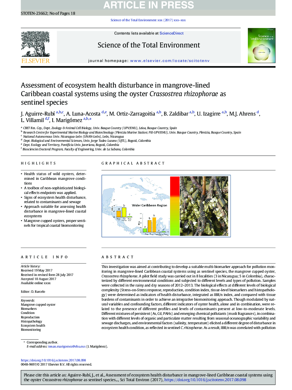 Assessment of ecosystem health disturbance in mangrove-lined Caribbean coastal systems using the oyster Crassostrea rhizophorae as sentinel species