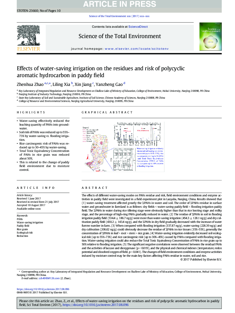 Effects of water-saving irrigation on the residues and risk of polycyclic aromatic hydrocarbon in paddy field