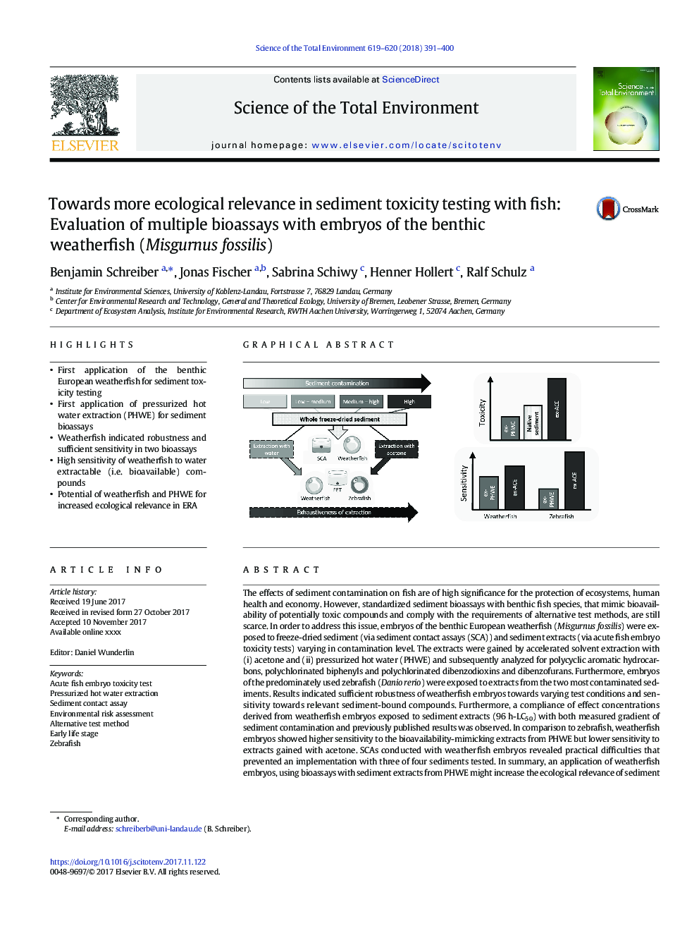 Towards more ecological relevance in sediment toxicity testing with fish: Evaluation of multiple bioassays with embryos of the benthic weatherfish (Misgurnus fossilis)