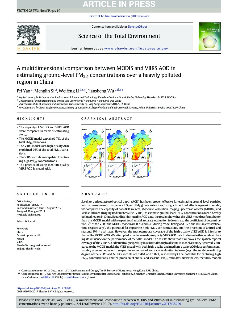 A multidimensional comparison between MODIS and VIIRS AOD in estimating ground-level PM2.5 concentrations over a heavily polluted region in China
