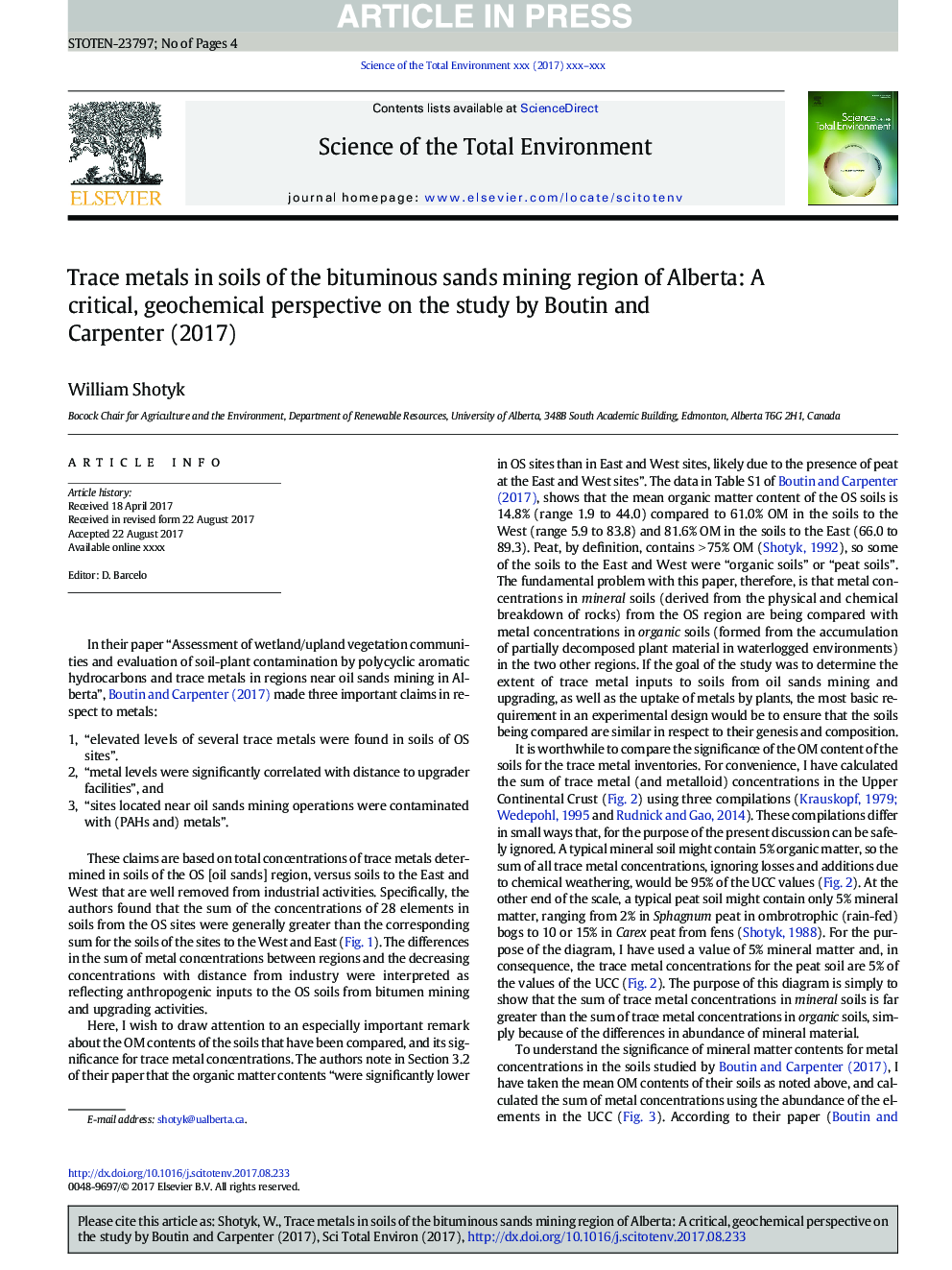 Trace metals in soils of the bituminous sands mining region of Alberta: A critical, geochemical perspective on the study by Boutin and Carpenter (2017)