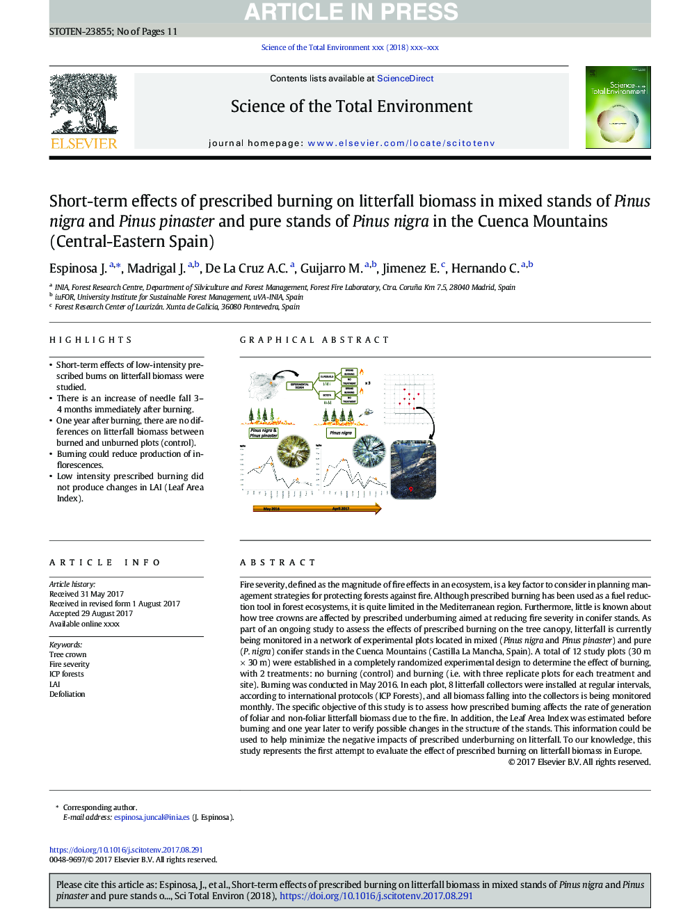 Short-term effects of prescribed burning on litterfall biomass in mixed stands of Pinus nigra and Pinus pinaster and pure stands of Pinus nigra in the Cuenca Mountains (Central-Eastern Spain)