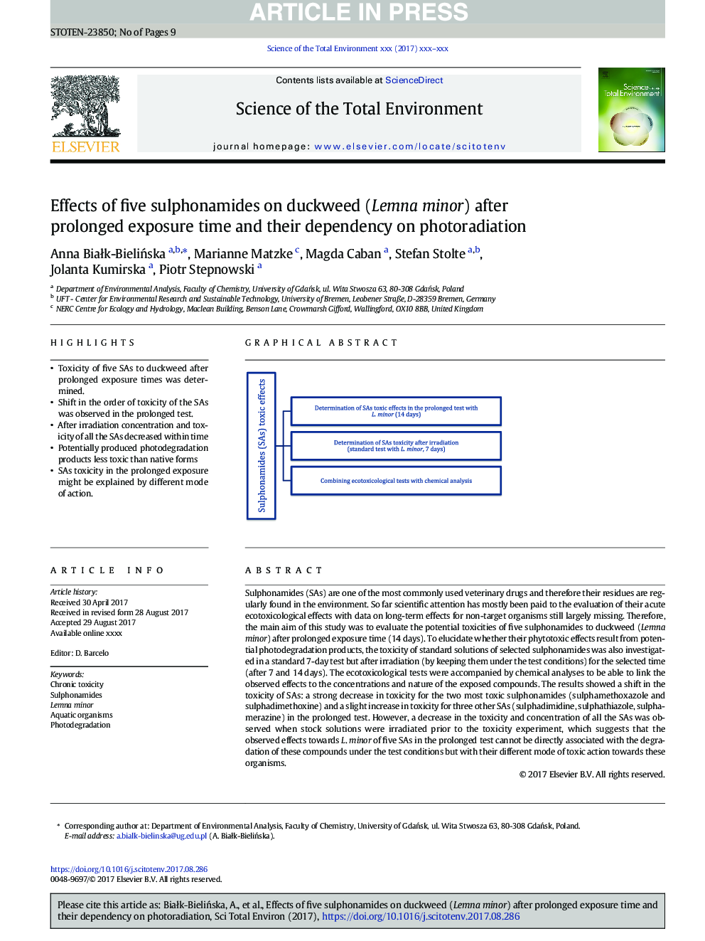 Effects of five sulphonamides on duckweed (Lemna minor) after prolonged exposure time and their dependency on photoradiation