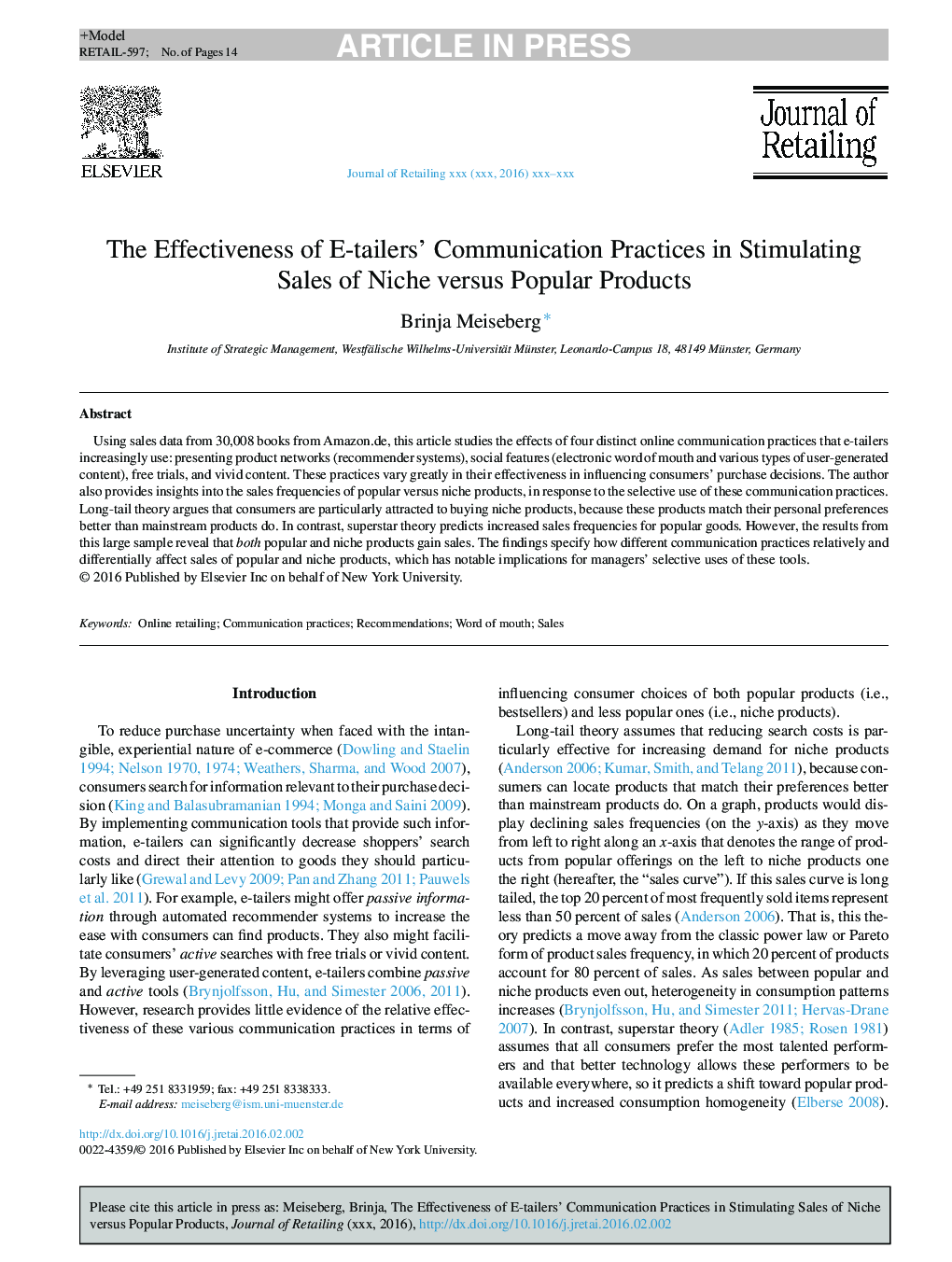 The Effectiveness of E-tailers' Communication Practices in Stimulating Sales of Niche versus Popular Products