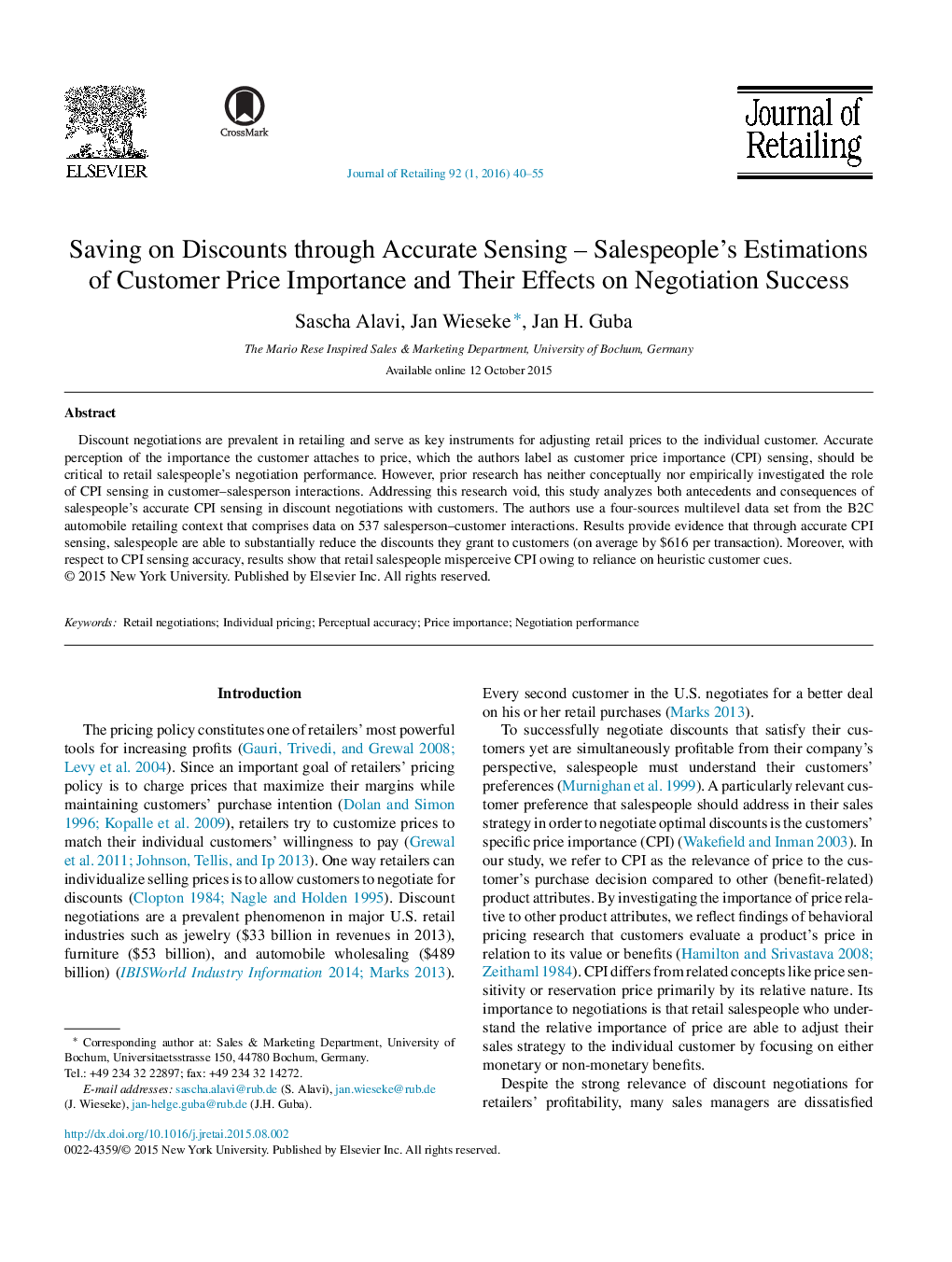 Saving on Discounts through Accurate Sensing – Salespeople's Estimations of Customer Price Importance and Their Effects on Negotiation Success