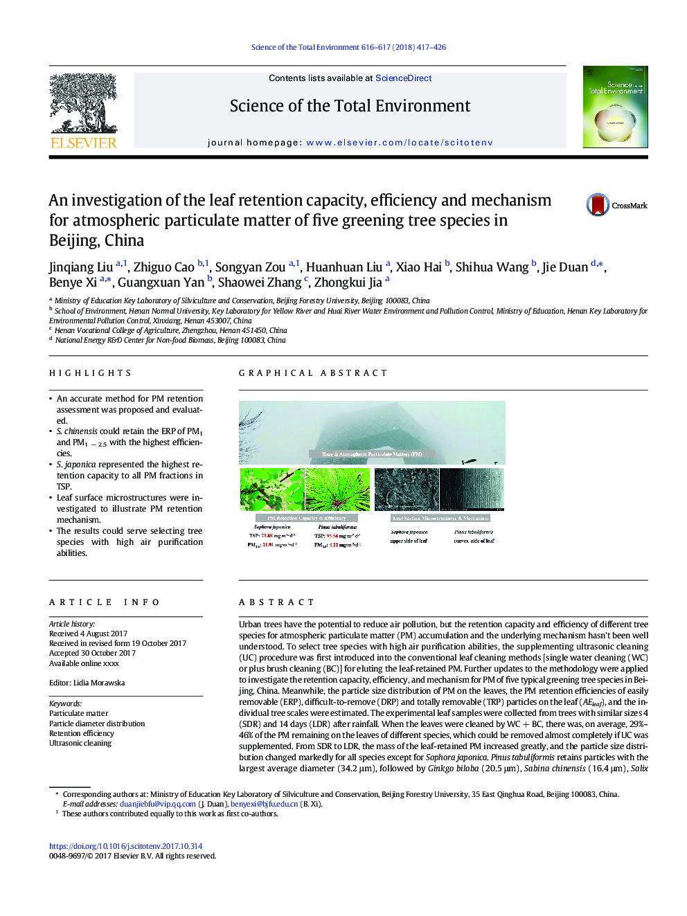 An investigation of the leaf retention capacity, efficiency and mechanism for atmospheric particulate matter of five greening tree species in Beijing, China