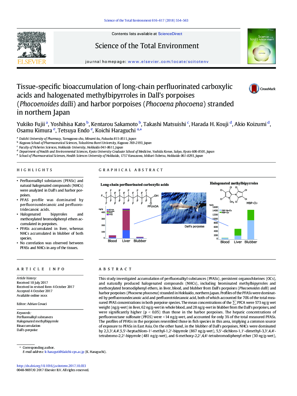 Tissue-specific bioaccumulation of long-chain perfluorinated carboxylic acids and halogenated methylbipyrroles in Dall's porpoises (Phocoenoides dalli) and harbor porpoises (Phocoena phocoena) stranded in northern Japan