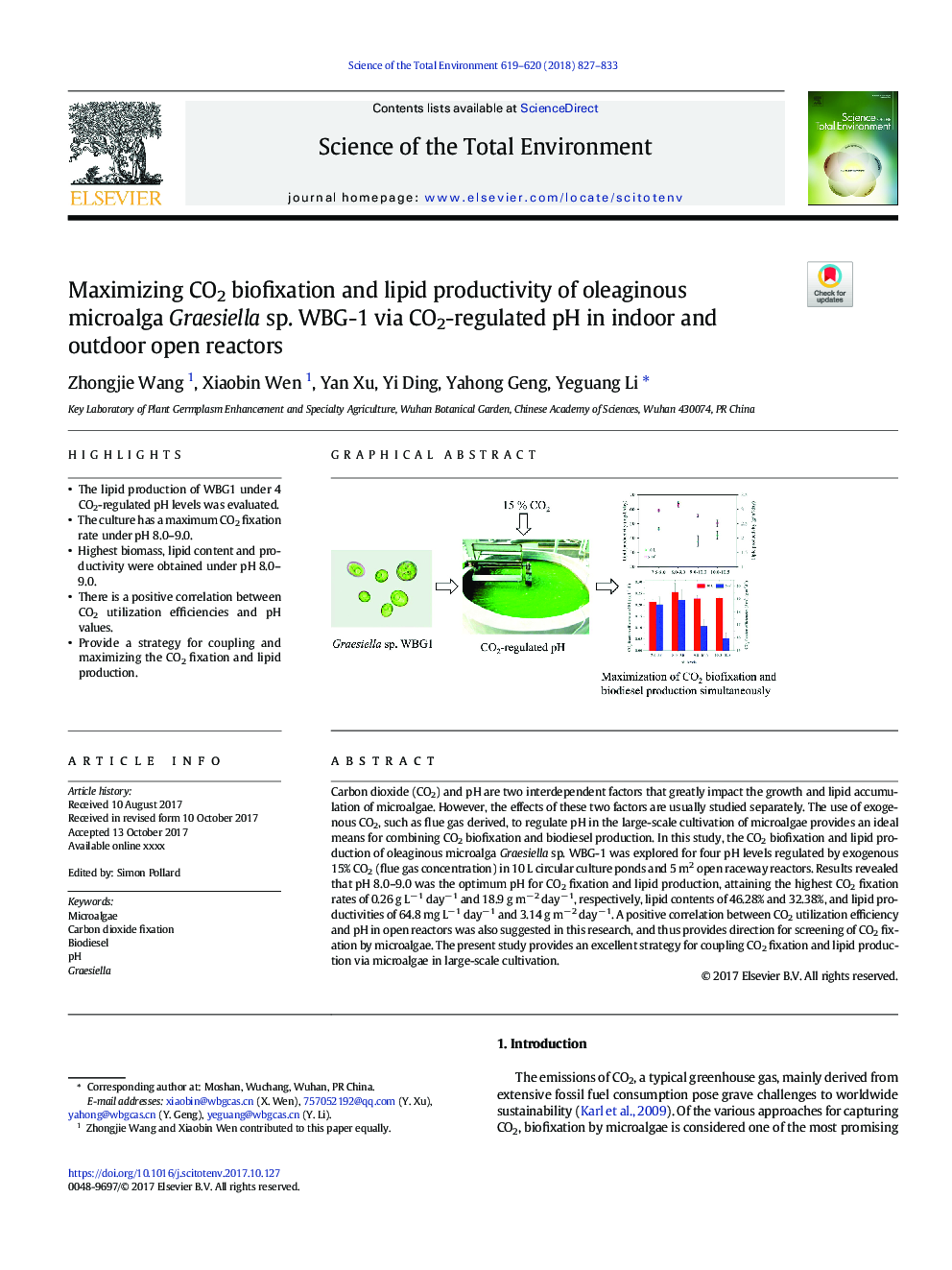 Maximizing CO2 biofixation and lipid productivity of oleaginous microalga Graesiella sp. WBGÂ­1 via CO2-regulated pH in indoor and outdoor open reactors