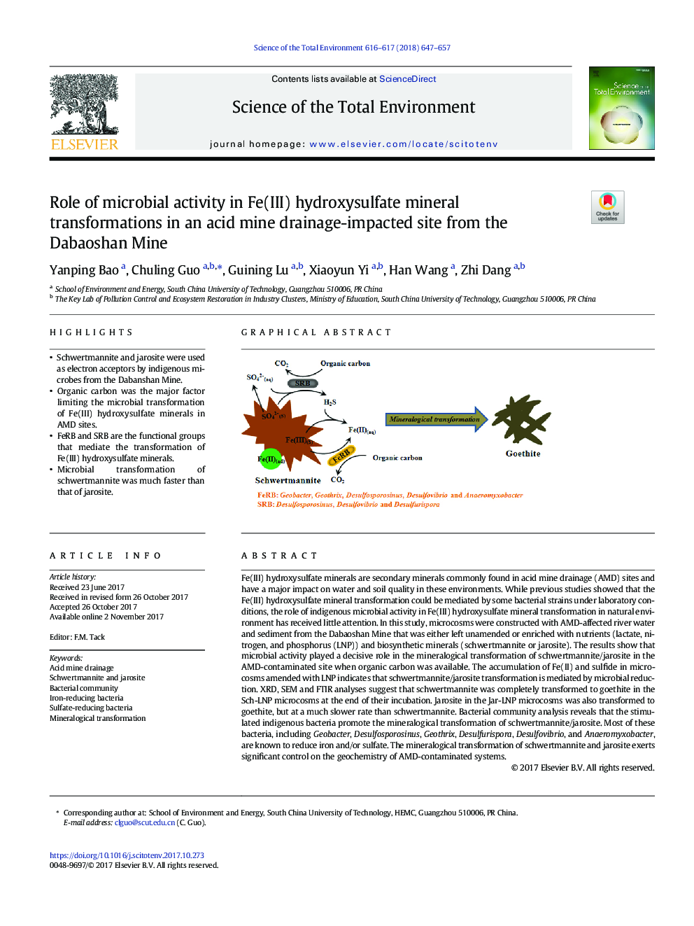 Role of microbial activity in Fe(III) hydroxysulfate mineral transformations in an acid mine drainage-impacted site from the Dabaoshan Mine