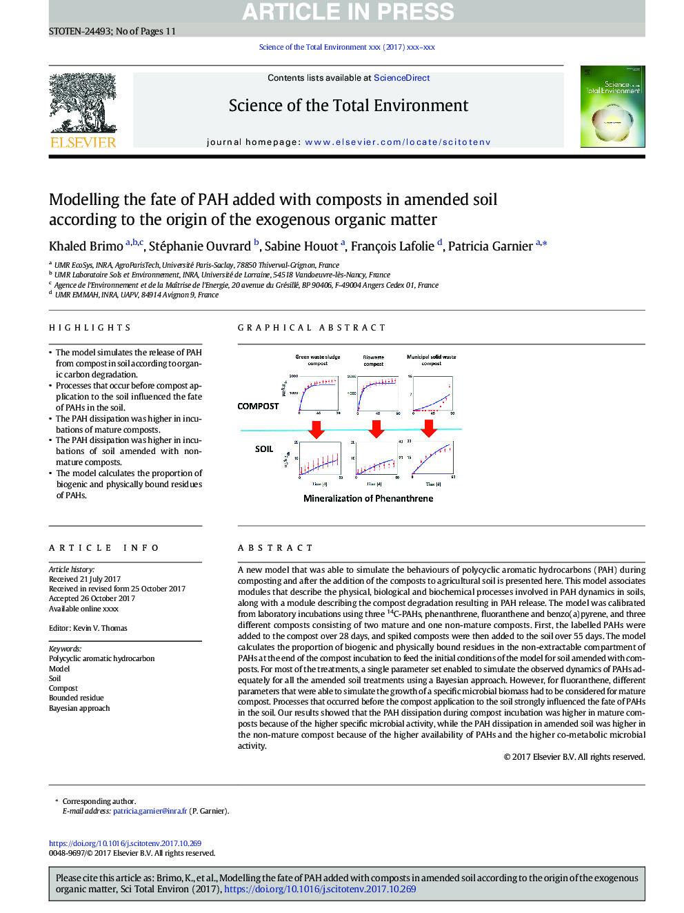 Modelling the fate of PAH added with composts in amended soil according to the origin of the exogenous organic matter