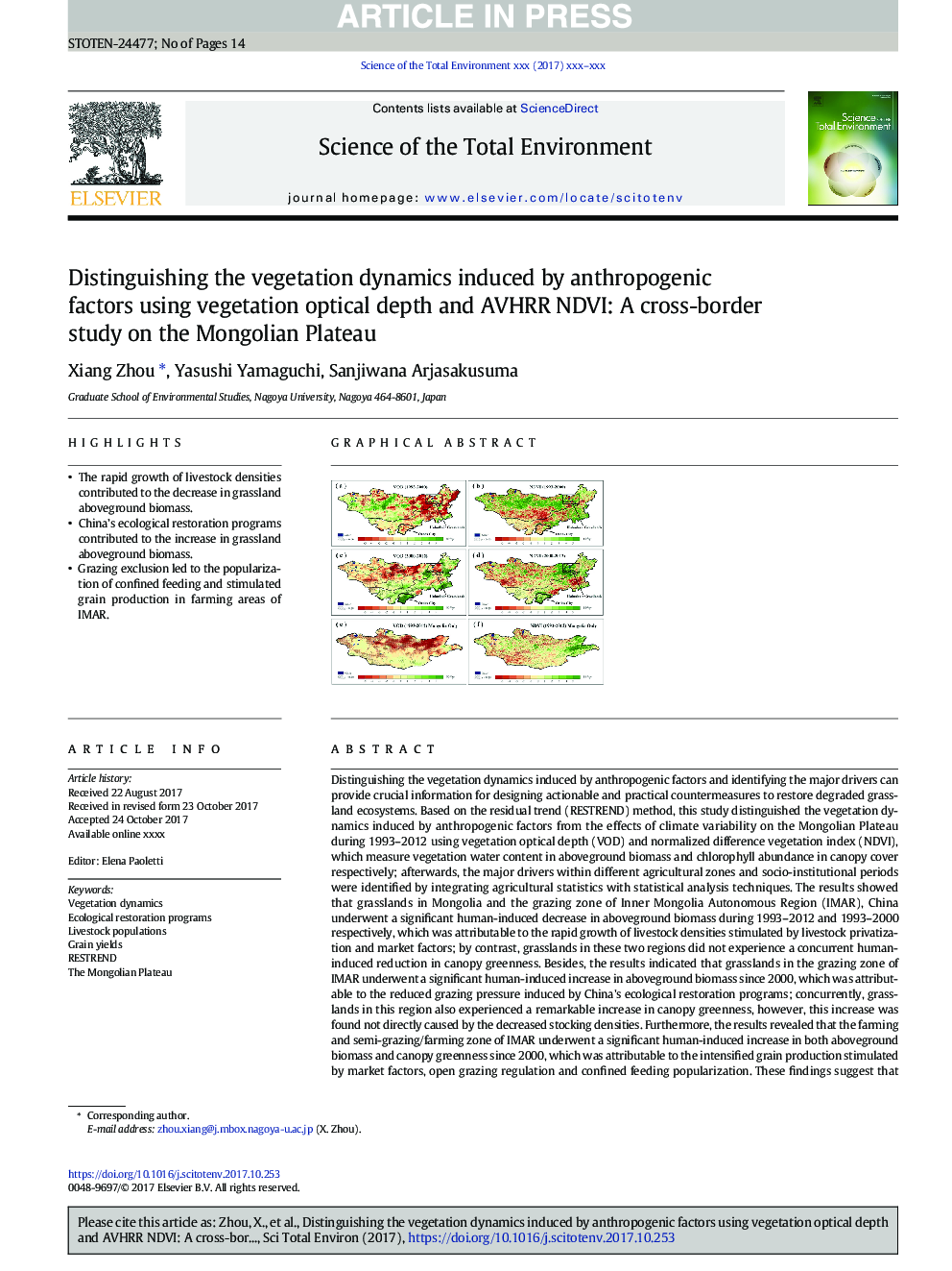 Distinguishing the vegetation dynamics induced by anthropogenic factors using vegetation optical depth and AVHRR NDVI: A cross-border study on the Mongolian Plateau