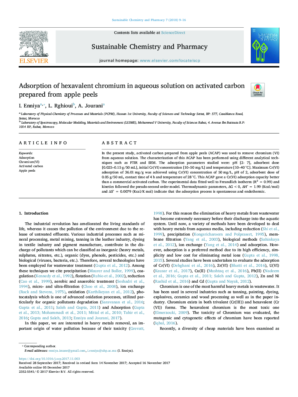 Adsorption of hexavalent chromium in aqueous solution on activated carbon prepared from apple peels