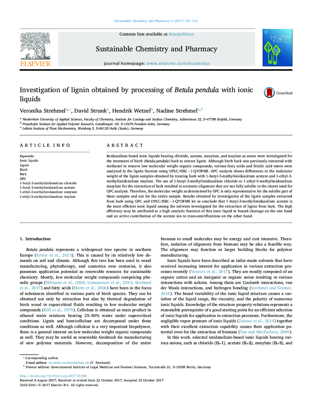 Investigation of lignin obtained by processing of Betula pendula with ionic liquids