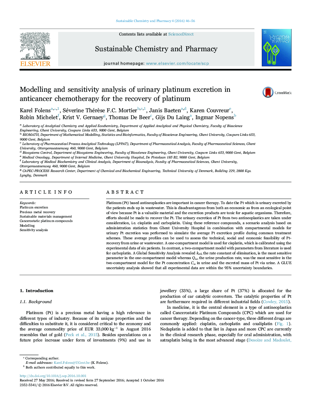 Modelling and sensitivity analysis of urinary platinum excretion in anticancer chemotherapy for the recovery of platinum