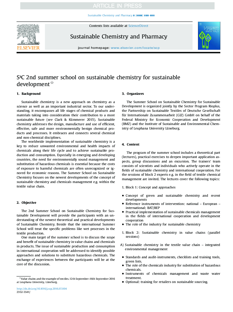 2nd Summer School on Sustainable Chemistry for Sustainable Development