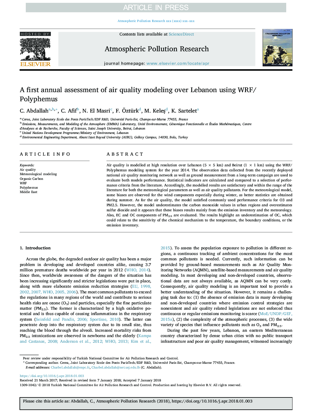 A first annual assessment of air quality modeling over Lebanon using WRF/Polyphemus