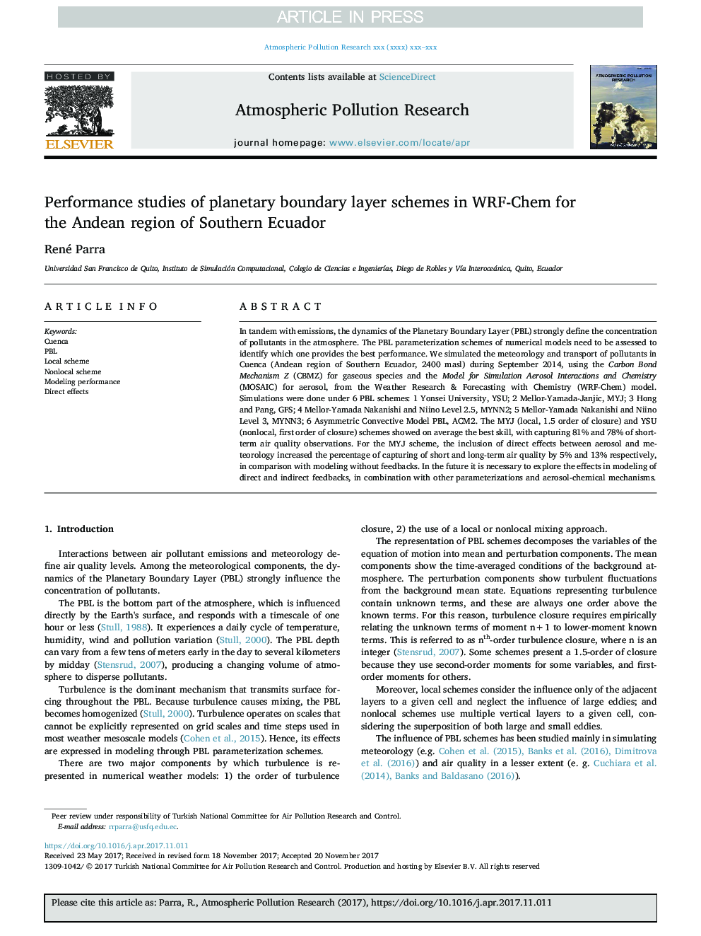 Performance studies of planetary boundary layer schemes in WRF-Chem for the Andean region of Southern Ecuador