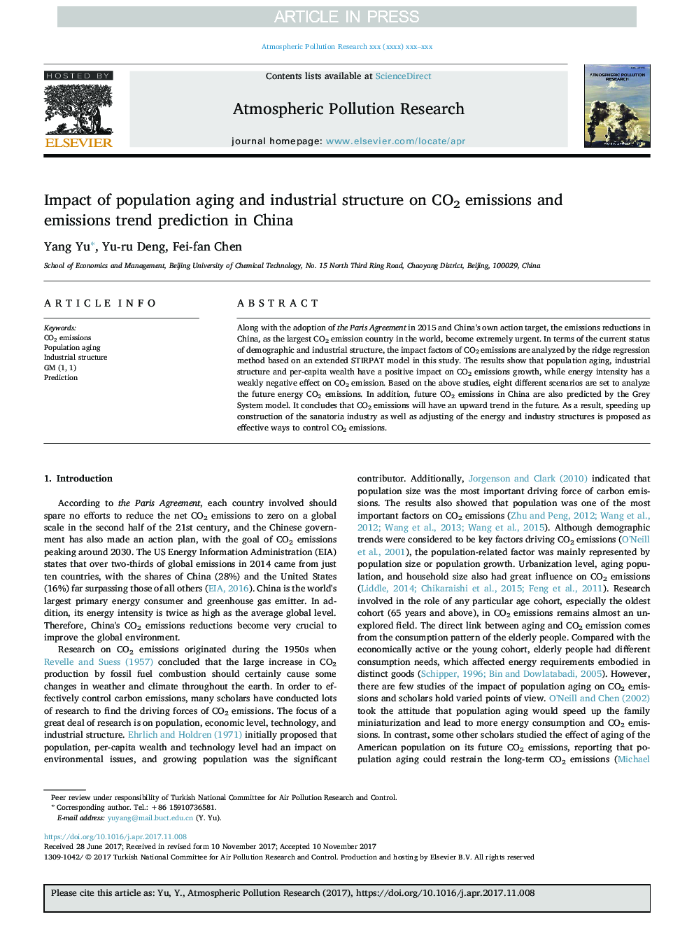 Impact of population aging and industrial structure on CO2 emissions and emissions trend prediction in China