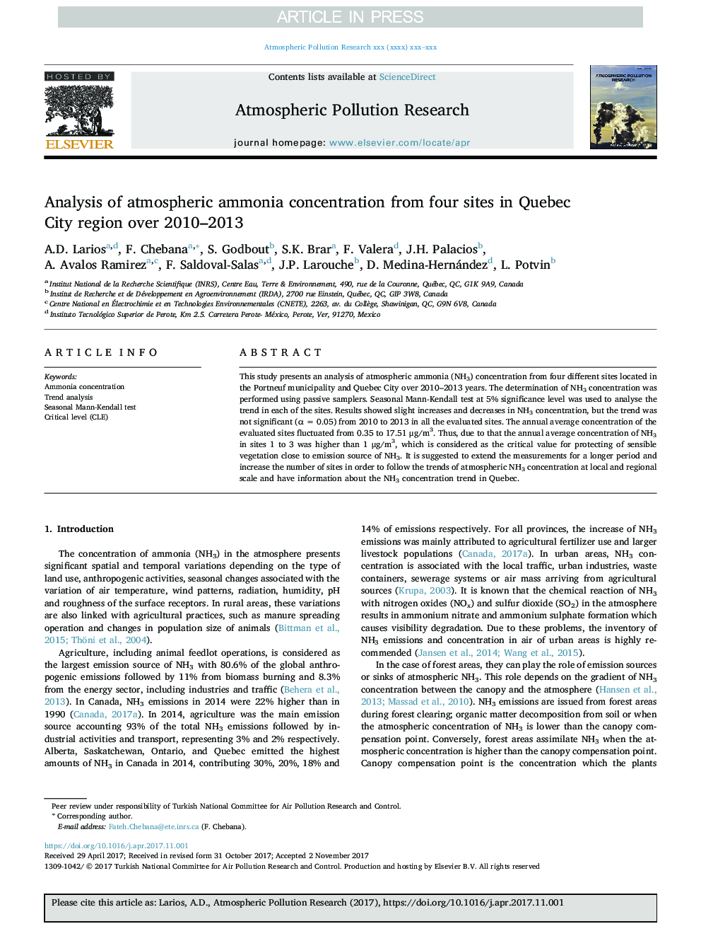 Analysis of atmospheric ammonia concentration from four sites in Quebec City region over 2010-2013