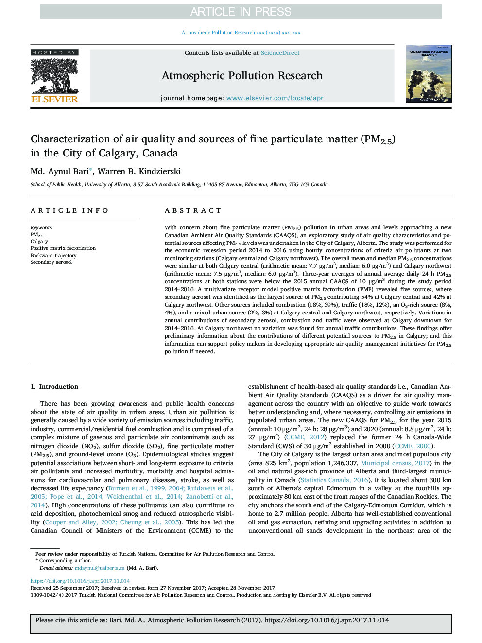 Characterization of air quality and sources of fine particulate matter (PM2.5) in the City of Calgary, Canada
