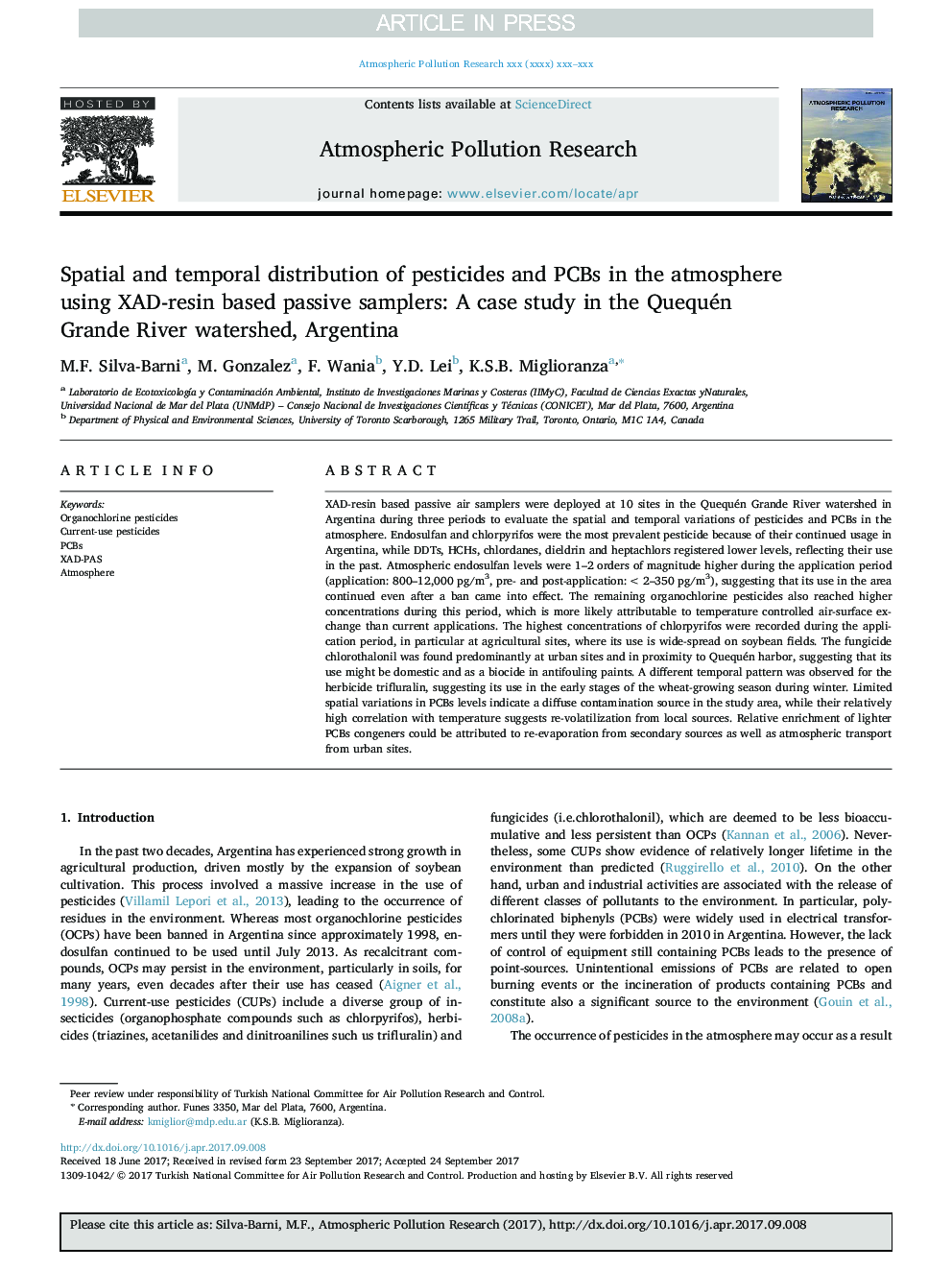 Spatial and temporal distribution of pesticides and PCBs in the atmosphere using XAD-resin based passive samplers: A case study in the Quequén Grande River watershed, Argentina