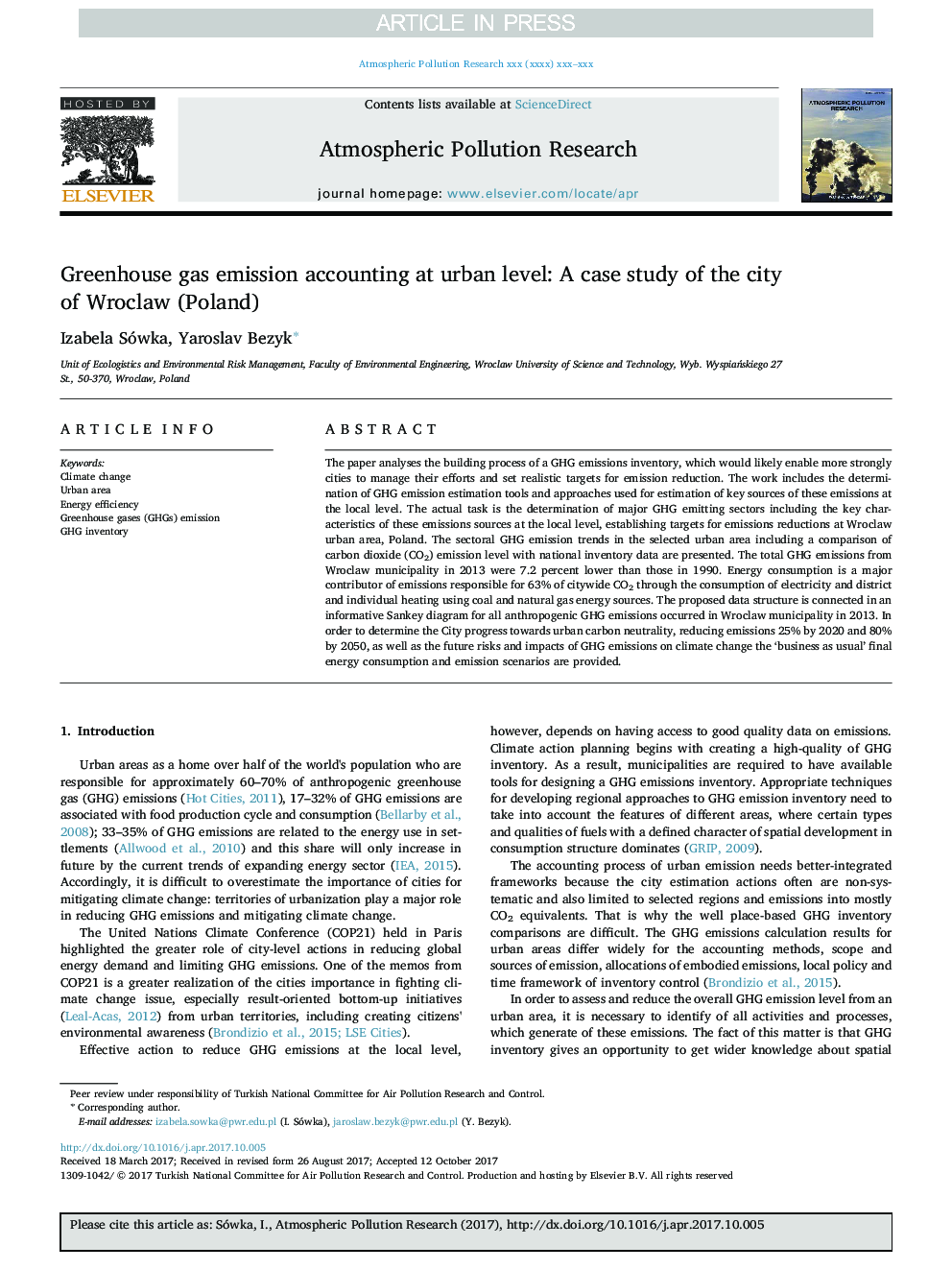 Greenhouse gas emission accounting at urban level: A case study of the city of Wroclaw (Poland)