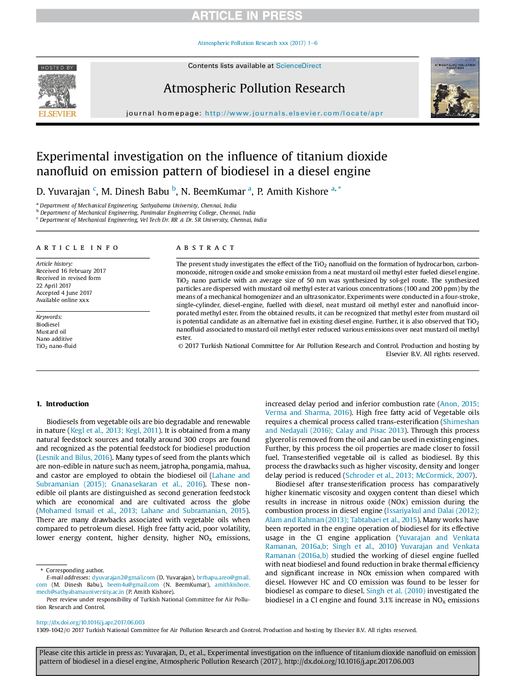 Experimental investigation on the influence of titanium dioxide nanofluid on emission pattern of biodiesel in a diesel engine