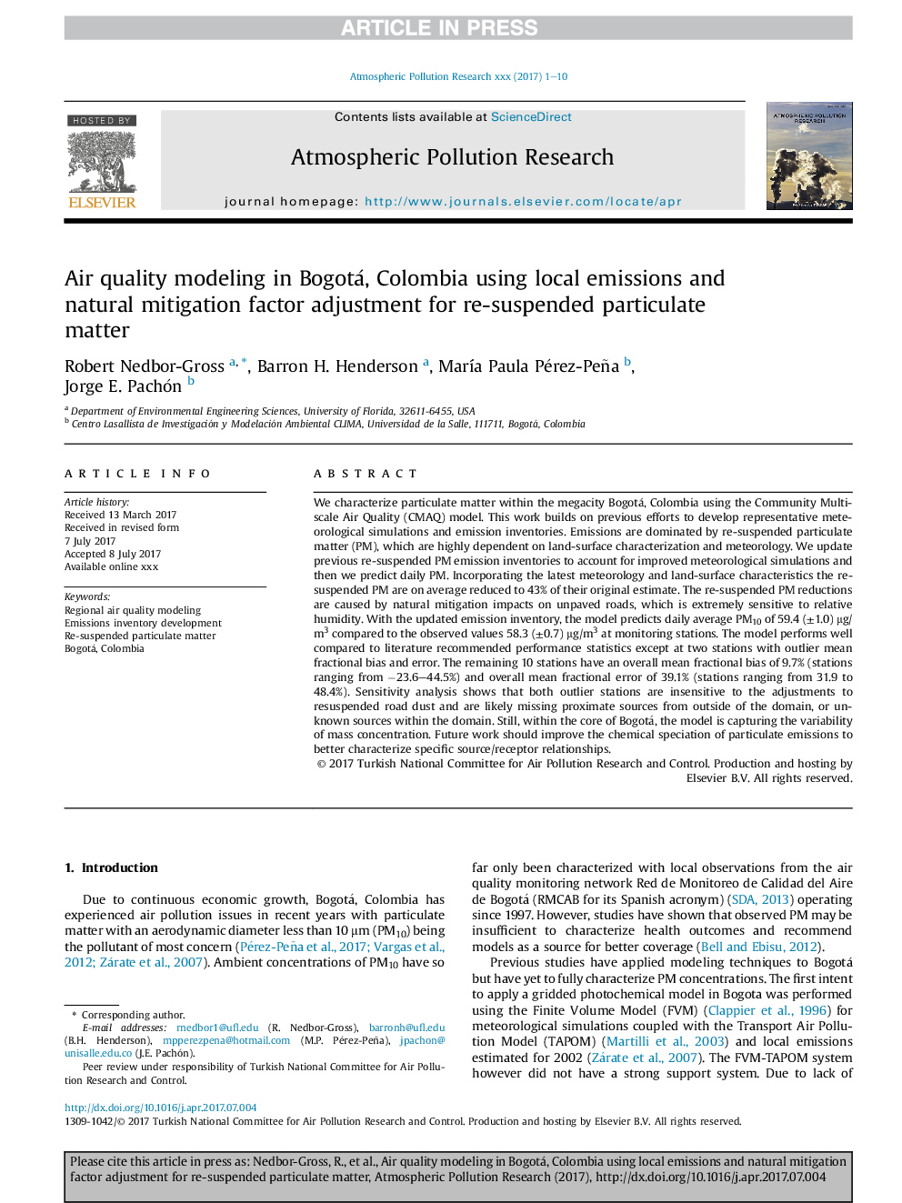 Air quality modeling in Bogotá, Colombia using local emissions and natural mitigation factor adjustment for re-suspended particulate matter