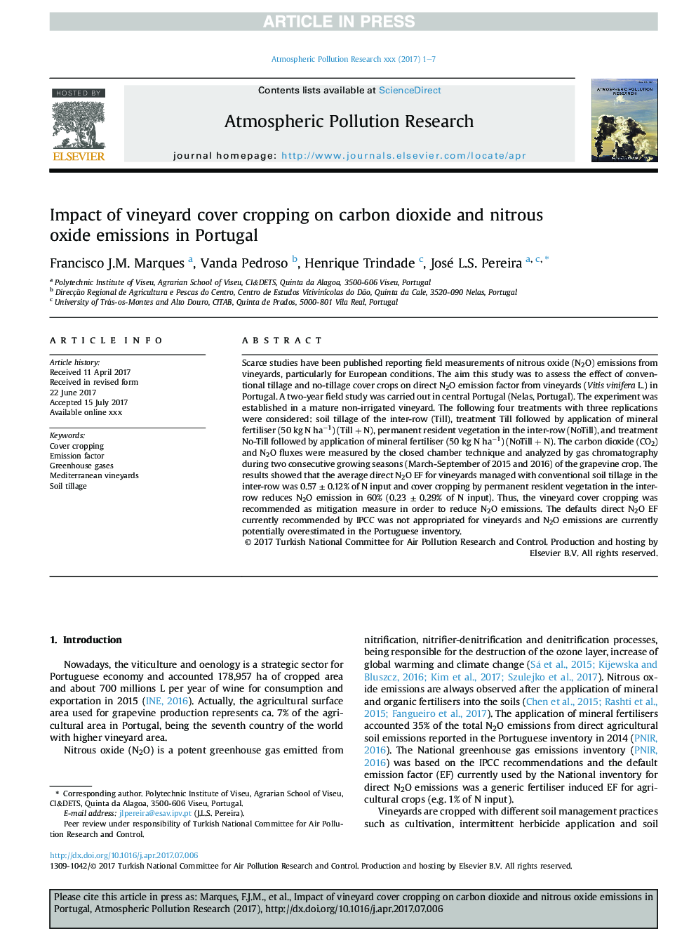 Impact of vineyard cover cropping on carbon dioxide and nitrous oxide emissions in Portugal