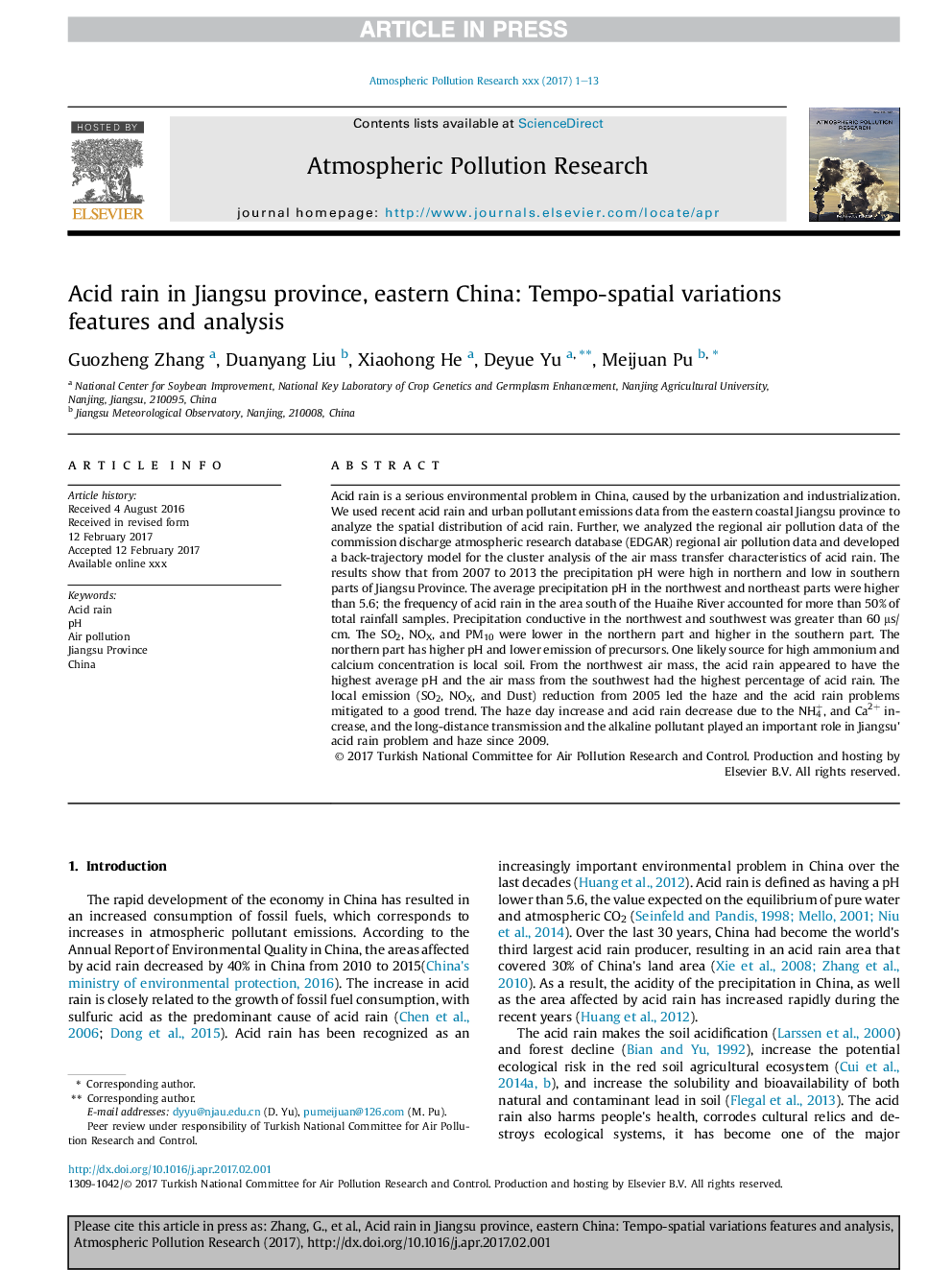عکس صفحه اول مقاله: Acid rain in Jiangsu province, eastern China: Tempo-spatial variations features and analysis Acid rain in Jiangsu province, eastern China: Tempo-spatial variations features and analysis