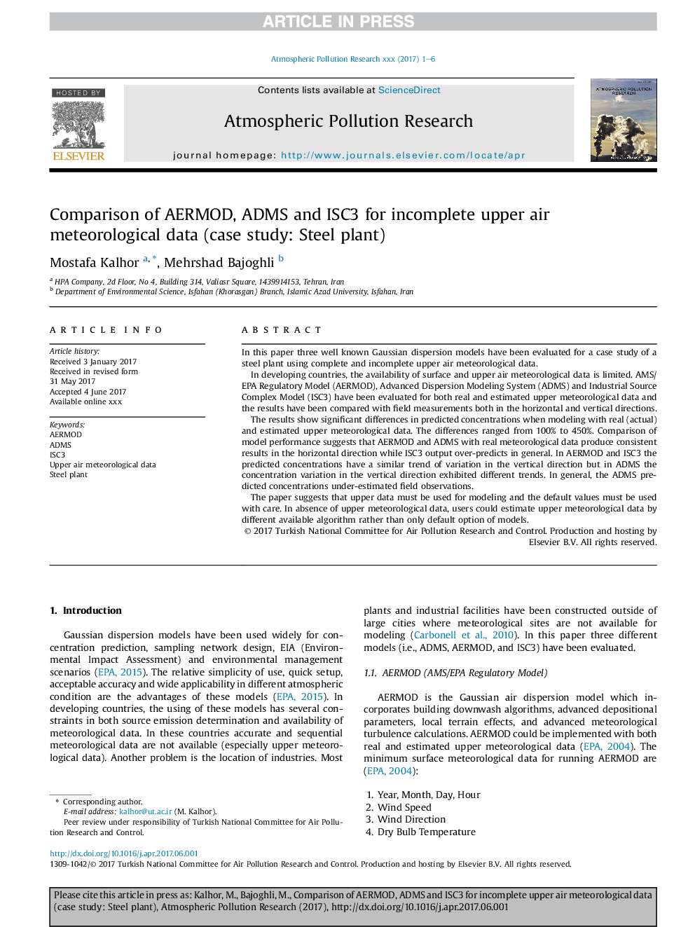 Comparison of AERMOD, ADMS and ISC3 for incomplete upper air meteorological data (case study: Steel plant)