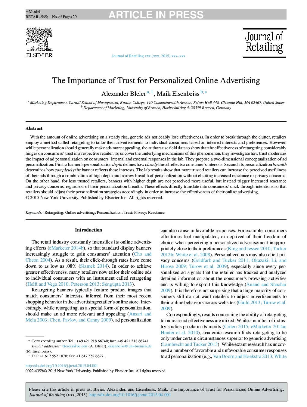 The Importance of Trust for Personalized Online Advertising