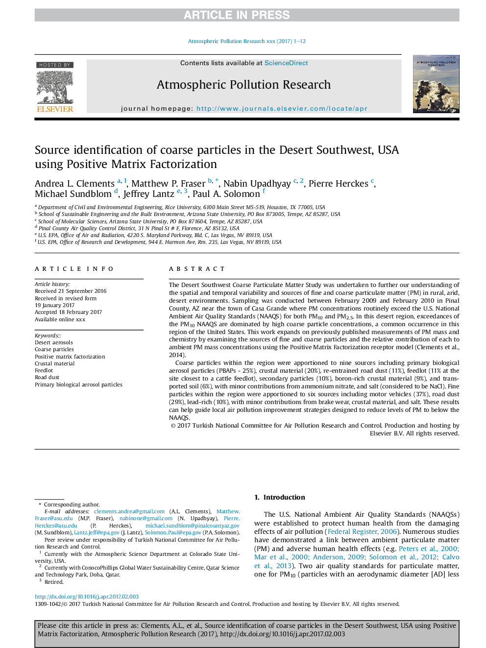 Source identification of coarse particles in the Desert Southwest, USA using Positive Matrix Factorization