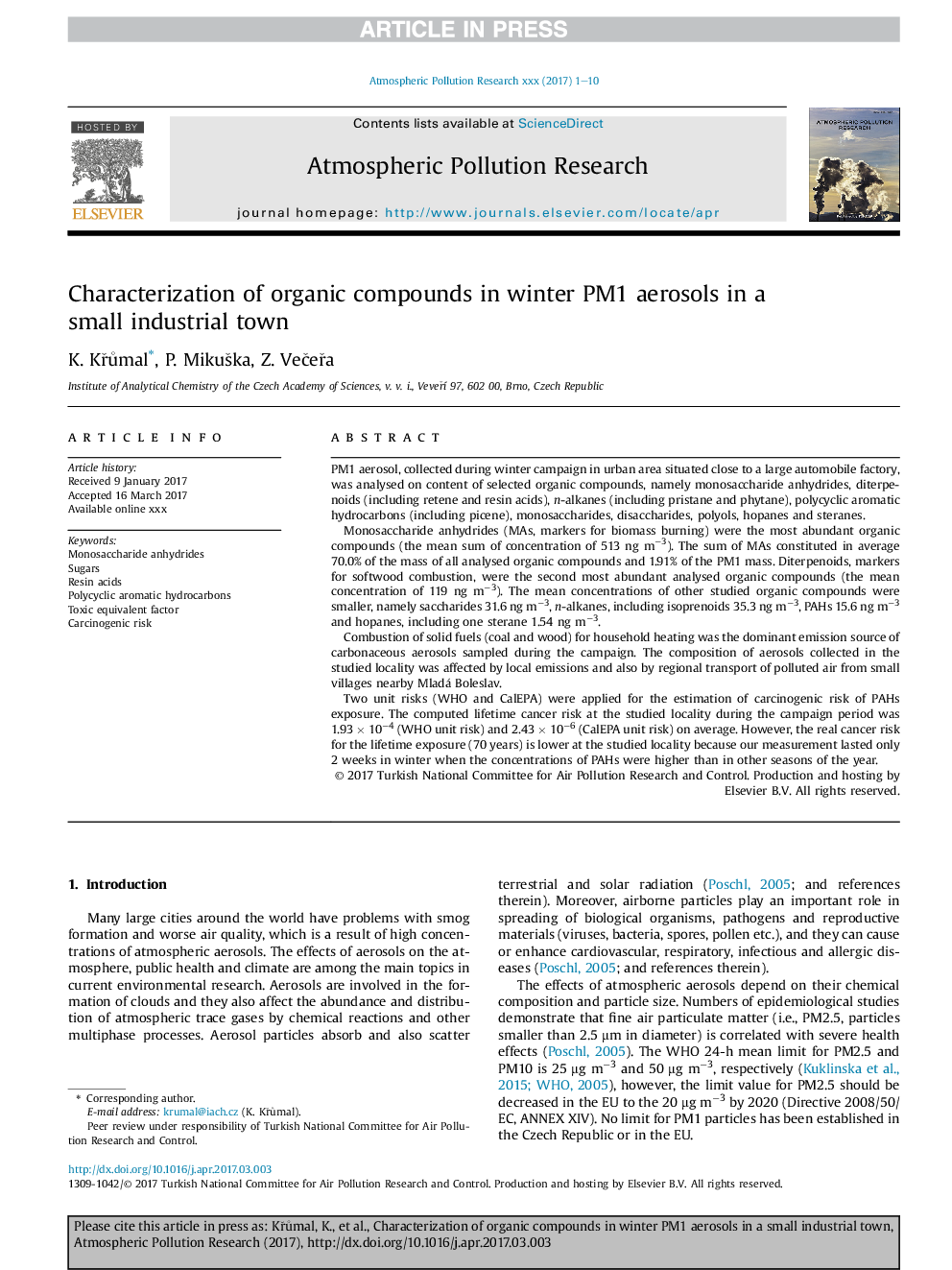 Characterization of organic compounds in winter PM1 aerosols in a small industrial town