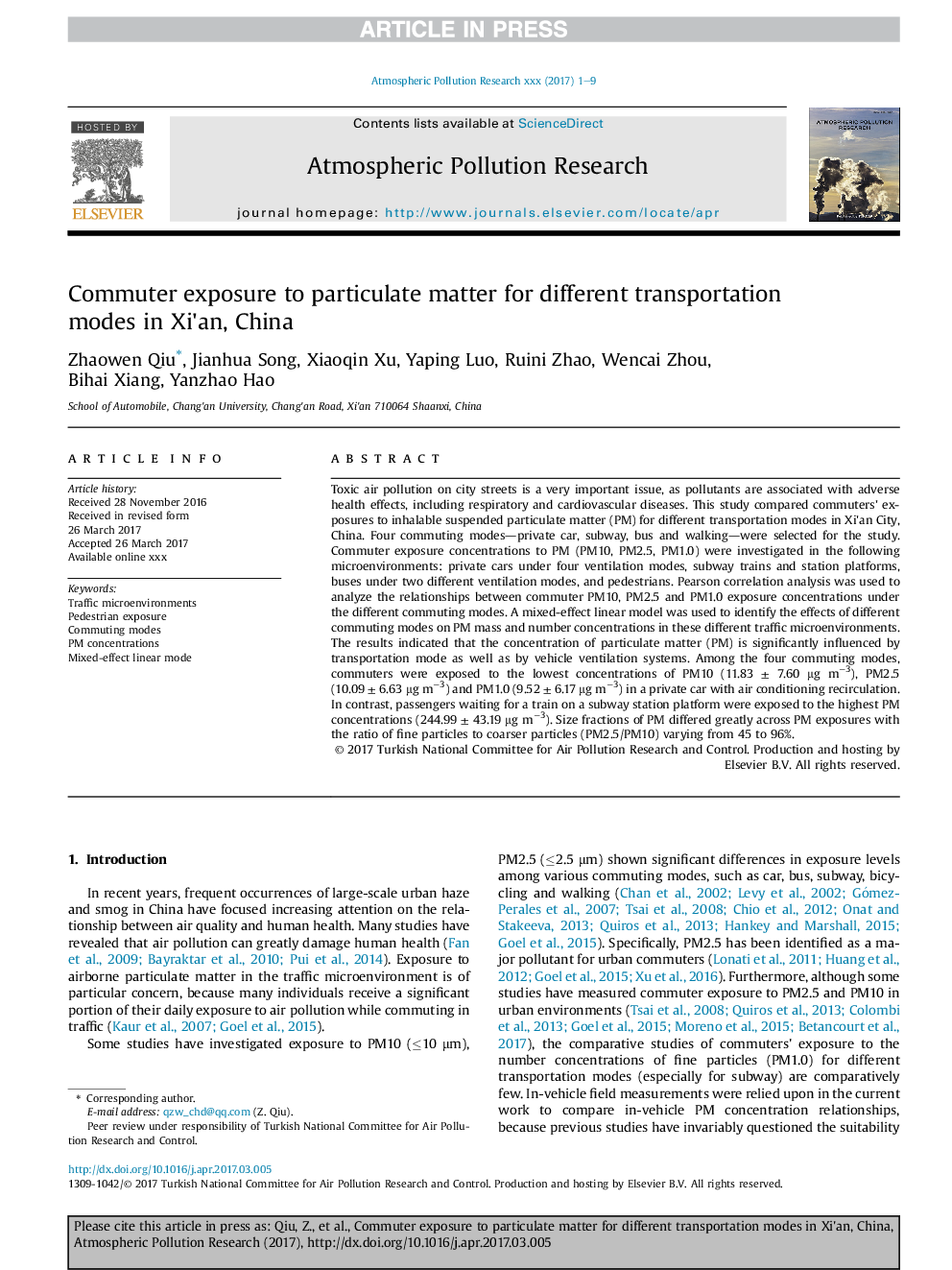 Commuter exposure to particulate matter for different transportation modes in Xi'an, China