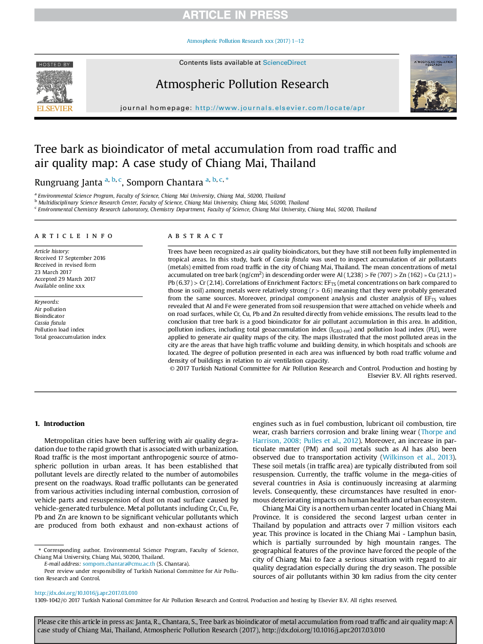 Tree bark as bioindicator of metal accumulation from road traffic and air quality map: A case study of Chiang Mai, Thailand